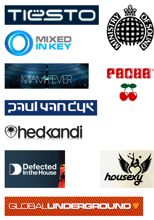 Examples of music industry logos:  Mixed In Key... Tiesto, Paul Van Dyk... Ministry of Sound, Pacha... Hed Kandi, Defected In The House, Housexy, Global Underground... Miami Fever